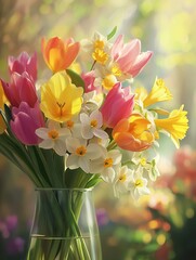 Aufkleber - Vibrant tulips, cheerful daffodils, and delicate cherry blossoms fill a glass vase, showcasing the beauty of spring in a lush outdoor setting. Generative AI