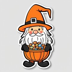 Canvas Print - Cartoon Gnome with Candy in a Pumpkin Basket for Halloween