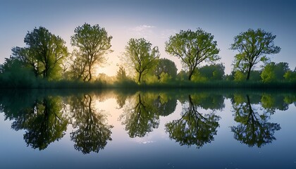 Wall Mural - On the tranquil water, the reflection reflects trees and weak light, like a classic natural landscape.