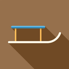 Wall Mural - Simple wooden sled with blue seating, standing upright on a brown background, in flat design with long shadow