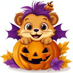 Sticker - Cute Cartoon Lion Cub with Bat Wings Holding a Jack-o'-Lantern for Halloween