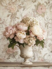 Poster - A vintage-inspired bouquet features peonies and hydrangeas in soft hues, gracefully arranged in an antique vase against a floral background. Generative AI