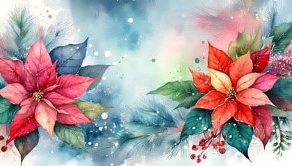 Wall Mural - Winter watercolor frame poster with accents like poinsettias, frosted leaves, and subtle snowfall effects. Copy space. Graphic art illustration flyer