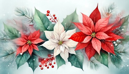 Wall Mural - Winter watercolor frame poster with accents like poinsettias, frosted leaves, and subtle snowfall effects. Copy space. Graphic art illustration wallpaper
