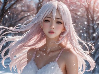 semi realistic artwork close up beautiful japanese or asian women under the rains and snow with cool background