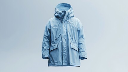 A blue waterproof raincoat with a hood, isolated on a white background, offering sleek, practical rainwear.