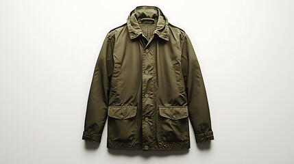 Wall Mural - A green button-up jacket with pockets, isolated on white, combining utility with a refined look.