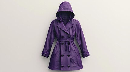 a purple raincoat with a hood, isolated on a white background, combining bold color with practicalit