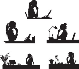 Silhouette of a receptionist answering a phone at their desk, vector icon