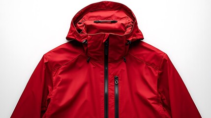 A red rain jacket with a hood, front view, isolated on white, perfect for all-weather wear.