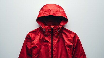 A red waterproof jacket with a hood, isolated on white, designed for both fashion and function.