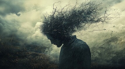 A man with branches growing from his head, standing in a foggy landscape, blending nature with surrealism.