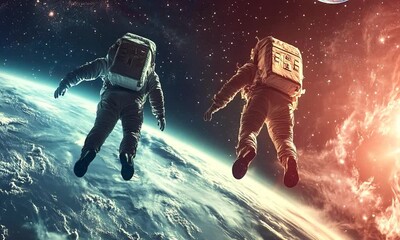 Wall Mural - two astronauts in space float above earth, surrounded by the vast universe