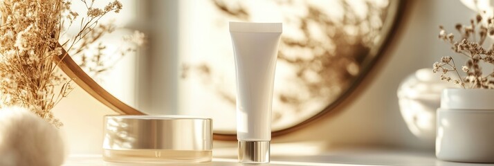 Poster - A tube of cream sits elegantly beside a small container, reflected in a round mirror, surrounded by light and natural elements. Generative AI