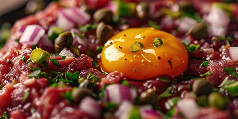 Wall Mural - Close-up of beef tartare featuring capers, gherkins, onions, and egg yolk with selective focus.