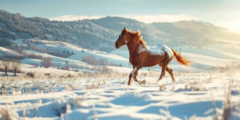 Wall Mural - Andalusian Horse Galloping Freely in Snowy Winter Mountain Landscape on a Sunny Day