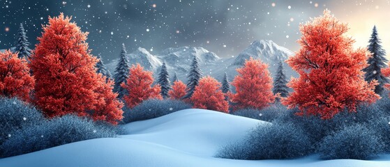 Wall Mural - Winter landscape featuring vibrant red trees contrasted with blue snowy foliage, set against a backdrop of mountains and a starry sky.