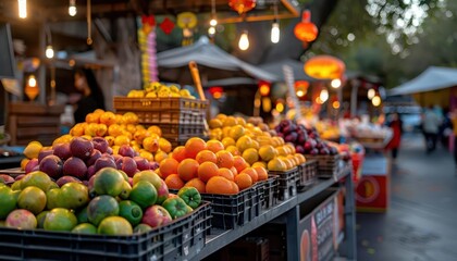 Harvest festival with vibrant stalls, festive and abundant, Urban, Bright colors, Photograph, Seasonal celebration