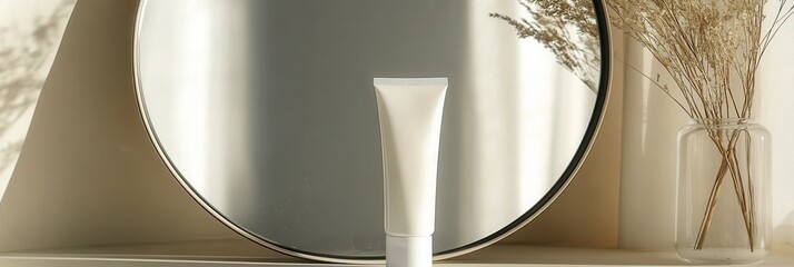 Poster - A tube of cream is positioned in front of a mirror, casting a delicate reflection, surrounded by a minimalist, tranquil environment. Generative AI