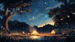 © sogap - wallpaper of comfortable camping site in the night of the forest or savana with constellation and the stars, anime style