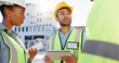 © WesLens/peopleimages.com - Tablet, group and construction engineers on site for city planning, maintenance or repairs. Discussion, contractor and team of civil employees with technology for renovation approval on town rooftop.