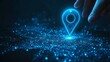 © Sea - Light blue GPS pin and human hand. Digital finger touching on abstract location pin mark on technology background. Low poly wireframe vector illustration in futuristic technology hologram style.