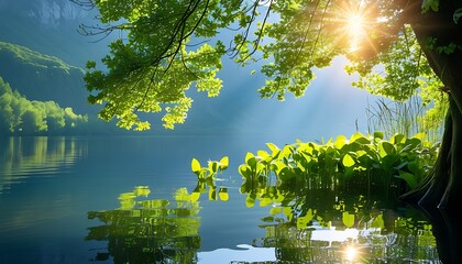 Wall Mural - The sun shines through the treetops and shines on the peaceful lake. The green plants by the lake are full of vitality, showing the harmonious beauty of nature.