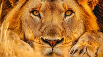 Wall Mural - close-up of a lion resting in the african savannah, eyes focused on the camera