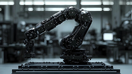 Poster - A black robotic arm with multiple joints is positioned in a factory setting, its metallic surface reflecting the surrounding environment.