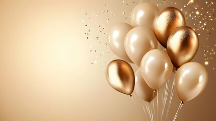 Sticker - A bunch of golden and beige balloons with confetti on a beige background.