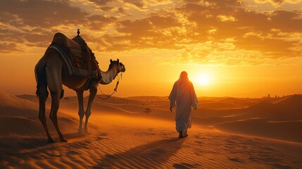 A calm desert scene with an Arabian man walking beside a camel, her silhouette framed by the glowing desert sunset, reflecting a path of personal growth