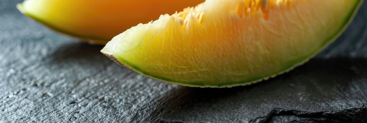 Wall Mural - Close-up detailed view of a slice of Honeydew Melon on a slate surface with selective focus.