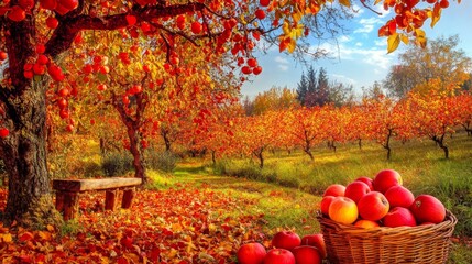 Wall Mural - A vibrant apple orchard scene at midday, where the bright sunlight highlights the rich colors of the season. The apple trees are full of ripe, red apples, their branches bending under the weight of