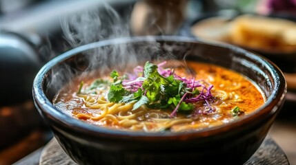 Steaming Bowl of Noodle Soup with Herbs