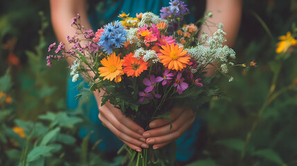 Poster - A close-up of a hand holding a beautiful bouquet of wildflowers.