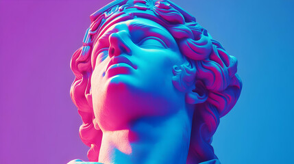 Poster - A close-up of a marble bust of a man's face with vibrant pink and blue lighting.