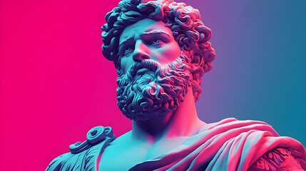 Canvas Print - A close-up of a white marble bust of a man with a beard, lit in neon pink and blue.