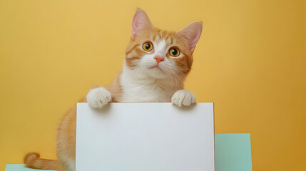 Canvas Print - A curious orange and white cat with bright green eyes holds up a white sign against a yellow backdrop, looking up.