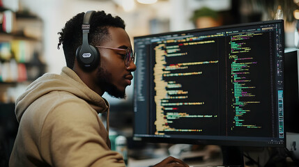 Sticker - A focused young man wearing headphones and glasses is working on a computer, reviewing lines of code on a large monitor.