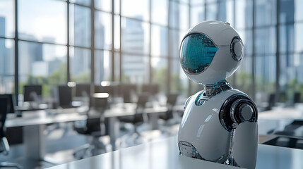 Poster - A futuristic robot stands in an office with a city view.