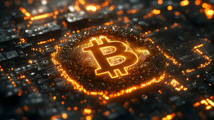 A glowing Bitcoin symbol on a circuit board, representing the digital currency.