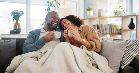 Sticker - Laugh love and coffee with mature couple on sofa for bonding, marriage and romance. Happiness, calm and health with people drinking in living room of home for tea, communication and comfort together