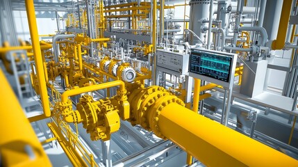 Canvas Print - A cross-section of a gas plant highlighting yellow pipes and valves with detailed labels.