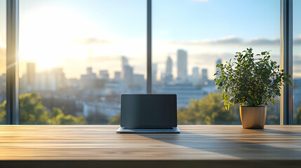 Wall Mural - A laptop sits on a wooden desk in front of a window with a cityscape view.