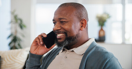 Wall Mural - Sofa, black man, and smile with phone call for conversation, listening and connection with contact. Home, mature person and thinking with cellphone for answer, discussion and laughing at mobile joke