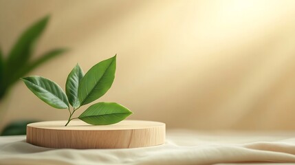 Aufkleber - Minimal wood podium with blurred green leaf plant on beige backgroundBeauty cosmetic natural mild product modern displaynature eco friendly concept : Generative AI