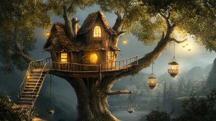 A cozy treehouse with lit windows and hanging lanterns sits high in a tree overlooking a distant town.