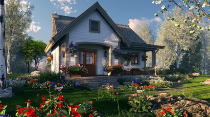 Wall Mural - A 3D model of a cozy cottage-style home with a charming front porch and flower boxes.