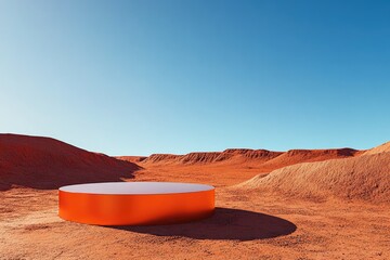 Wall Mural - A product display podium on Mars, with reddish terrain and a clear blue sky, offering a striking and unusual setting for showcasing items