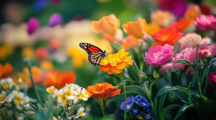 Vibrant flower garden in full bloom with colorful rows and butterflies fluttering